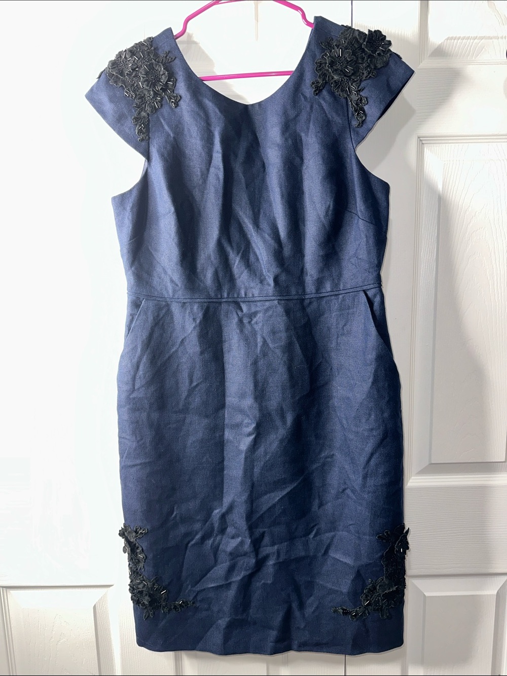 J. Crew Navy Dress with Black Floral Appliqué